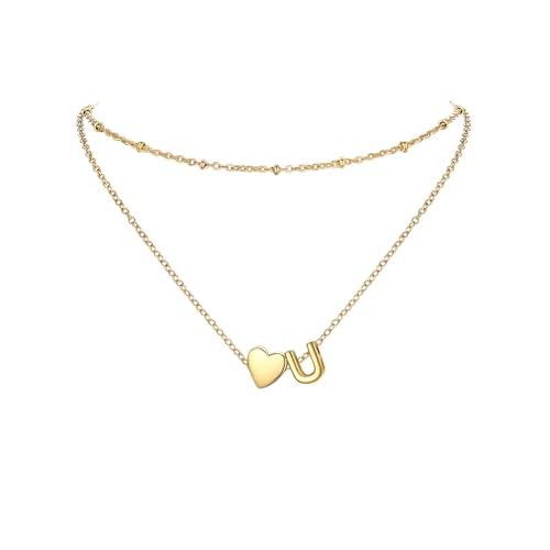 PROSTEEL 14K Gold Plated A-Z Initial Heart Layered Necklace for Women | Non-Tarnish Stainless Steel, Dainty Alphabet Letter Charm Pendant Choker, Personalized Jewelry Gold U