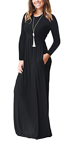 Image of AUSELILY Womens Long Sleeve Maxi Dress Casual Empire Waist with Pockets