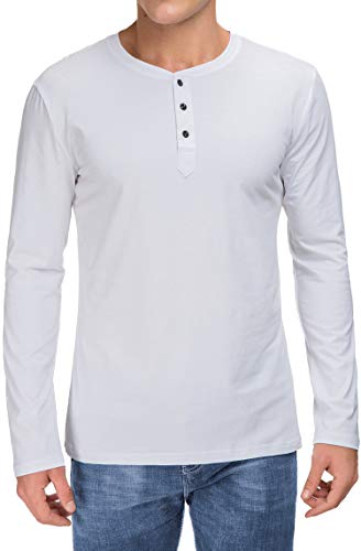 Boisouey Men's Casual Slim Fit Long Sleeve Henley T-Shirts Cotton Shirts White M