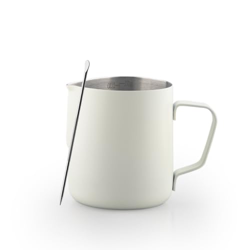 Uhuida Milk Frother Cup, 12oz/350ml Milk Pitcher, Thickened 304 Stainless Steel Milk Frothing Pitcher for Espresso Coffee, Milk(White)
