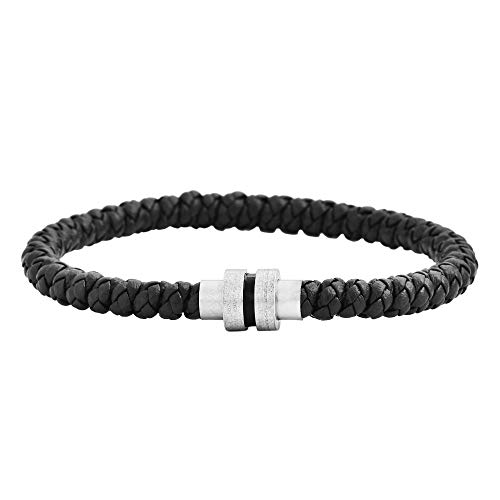 Geoffrey Beene Men's Braided Genuine Leather and Brushed Stainless Steel Magnet Closure Bracelet, Black