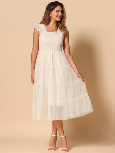 Image of Allegra K Women's Summer Midi Tulle Dress Sleeveless Smocked Square Neck Tiered Ruffled Wedding Guest Dress