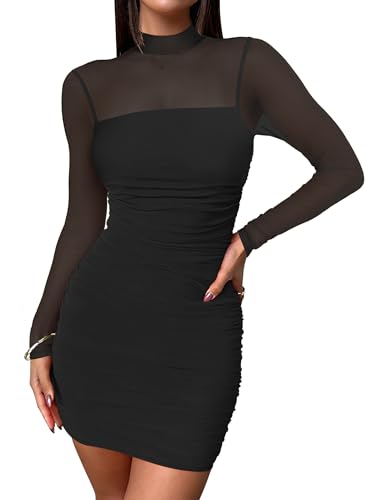 ANRABESS Womens Sexy Bodycon Mesh Ruched Mini Dresses Mock Neck Slim Fall Long Sleeve Cocktail Party Going Out Short Dress
