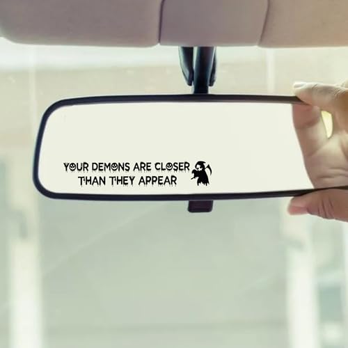 Image of Funny Halloween Vanity Mirror Stickers - 2 pcs, Rear View Mirror Sticker, Car Decorations, Goth Car Accessories (Your Demons Black)