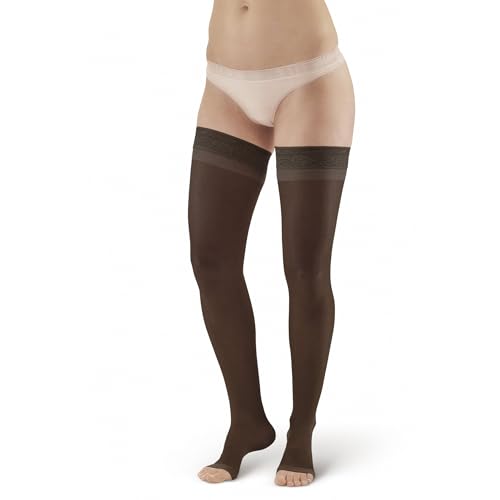 Ames Walker AW Style 45 Sheer Support 15-20 mmHg Moderate Compression Open Toe Thigh High Stockings w/Top Band Beige Small3
