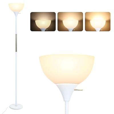 Floor Lamp, LED Standing Lamp 3 Way Dimmable Brightness Floor Lamp Rotary Switch Floor Lamps Modern Industrial Lamp with Shade, Tall Lamps for Living Room Bedroom Office Dining Room (White)