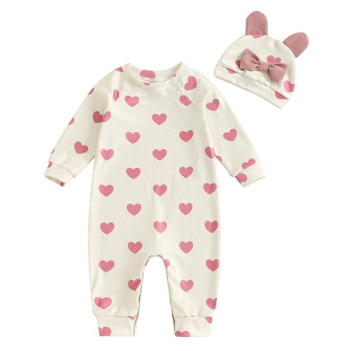 MBMSHEGH Newborn Baby Girls Jumpsuit with 3D Bow Ear Hat Set Heart Print Long Sleeve Romper 2Pcs Fall Outfit Clothes Set