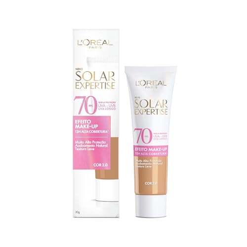 L'Oréal Paris Solar Expertise Efeito Make-Up, Protetor Solar com Cor FPS 70, Cobertura de Maquiagem por até 12h, Tripla Proteção Solar contra raios UVB, UVA, UVA Longo e Luz Visível Cor 2.0, 30g