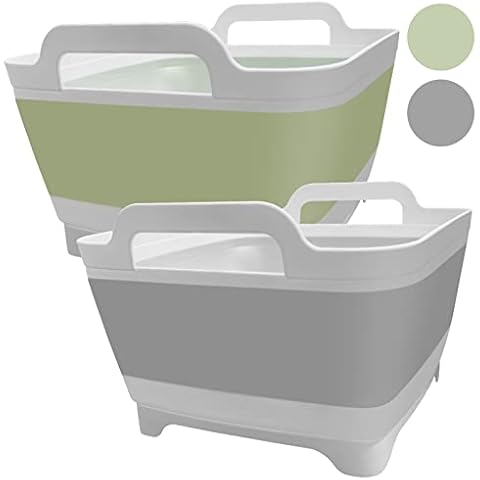 Ikaufen 2PCS Dishpan for Washing Dishes, 9L(2.4Gallon) Collapsible Wash Basin with Drain Plug Carry Handles, Collapsible Bucket for Cleaning, Vegetable Washing, RV(Green + Grey) Cover