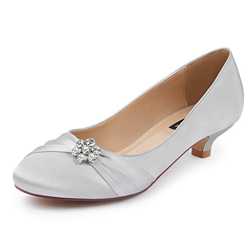 Image of ERIJUNOR Women Closed Toe Comfort Kitten Heels Rhinestones Satin Wedding Evening Dress Shoes