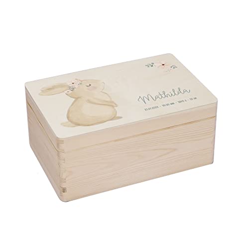Personalisierte Erinnerungsbox Aufbewahrungsbox Erinnerungskiste mit Namen Holzkiste Kinder Geschenkbox Geschenkidee für Jungs Mädchen zu Weihnachten Geburt Hase Aquarell Optik (L: 40x30x23cm) Cover