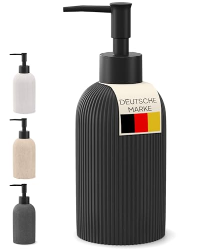 FUZZEL Seifenspender Schwarz | Seifenspender Bad und Küche | Nachfüllbarer Pumpspender für Flüssigseife | Spülmittelspender matt | Soap Dispenser | Polyresin | Modern Design | 250ml