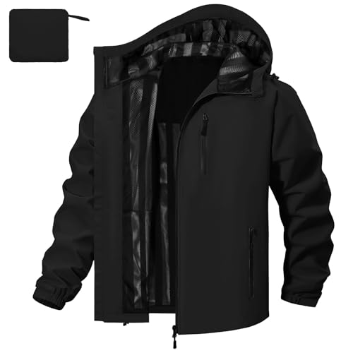FemiChic Regenjacke Herren Wasserdicht Atmungsaktiv Outdoor Fahrrad Dünne Ultraleichte Wanderjacke für Rain Camping Sommer Leichte Jacke(Schwarz,XL)