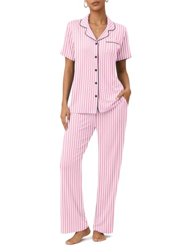 Image of Womens Pajamas Sets 2 Piece Button Up Pj Sets Short Sleeve with Long Pant