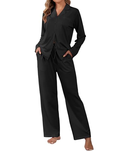 ZAFUL Women's Cotton Pajamas Sets Notch Long Sleeve Sleepwear Button Down Nightwear Soft Pjs Lounge Sets
