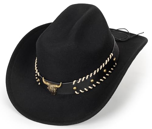 Women & Men Felt Western Cowboy Hat Classic Roll Up Brim Belt Buckle Cowgirl Fedora (M) - Image 5