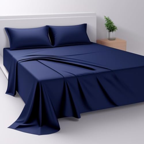 Image of Flat Bedsheet Single Bed (60x90 Inch) with 2-Pillow Covers Egyptian Cotton Fits 400 TC Super Soft & Breathable Wrinklefree Navy Blue Bed Sheet for Luxurious Bedrooms and Hotels