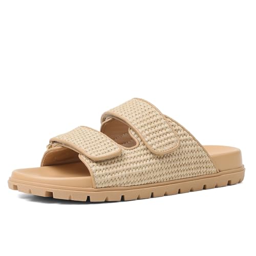 Image of Womens Espadrilles Slide Sandals Hook and Loop Slip-on Straw Raffia Flat Sandals for Women Woven Slides Comfortable Beach Flats