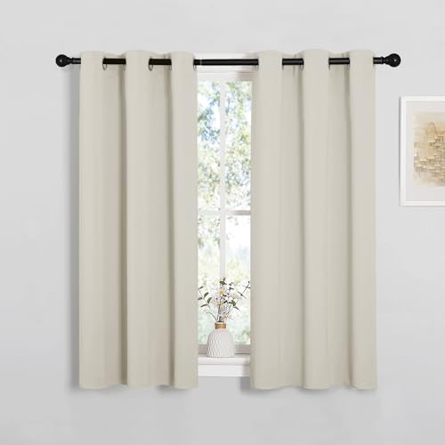 PONY DANCE Thermal Bedroom Curtains - Beige Short Energy Saving Balance Temperature Curtains & Drapes for Living Room Kitchen Nursery Panels for Home Decoration, Set of 2, 42 x 45 Inch, Beige