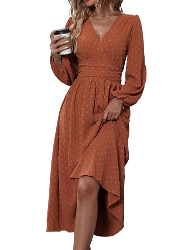 Fall Womens Burnt Orange Swiss Dot Midi Dress Long Sleeve V Neck Dressy Casual A Line Brunch Tea...