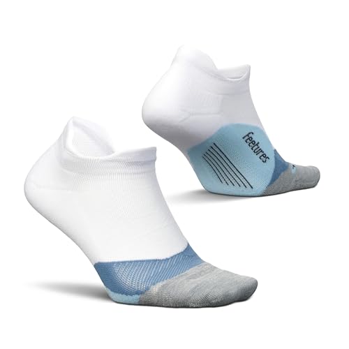 Feetures Elite Light Cushion No Show Tab Ankle Socks - Sport Sock with Targeted Compression - White Sky, L (1 Pair)