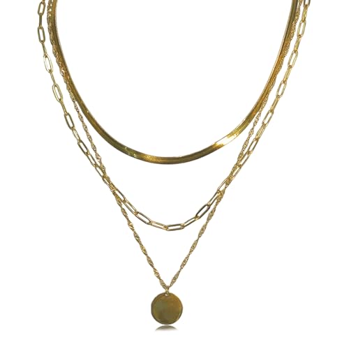 Saituo Home 3 Pièces Chaine Acier Inoxydable Femme Trois Chaînes Collier Multirang Longueur échelonnée Collier Femme Pendentif Rond, Convient À Porter...