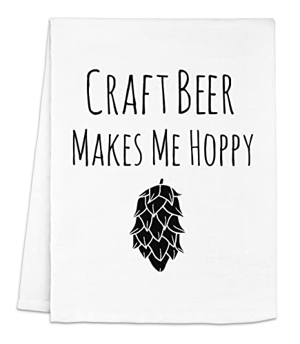 Moonlight Makers Funny Kitchen Towel, Craft Beer Makes Me Hoppy, Flour Sack Dish Towel, Sweet Housewarming Gift, White
