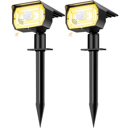 nipify 2 Pezzi Faretti Solari a Led da Esterno Giardino con Sensore di Movimento, [56LED/3 Modes] Lampade da Giardino Potenti Impermeabile Luci Solari Esterno per Cortile Vialetto (Bianco caldo)