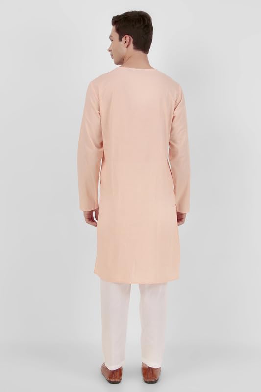 Mens Indian Casual Cotton Kurta Pajama Set - Pink - Crew Neck4