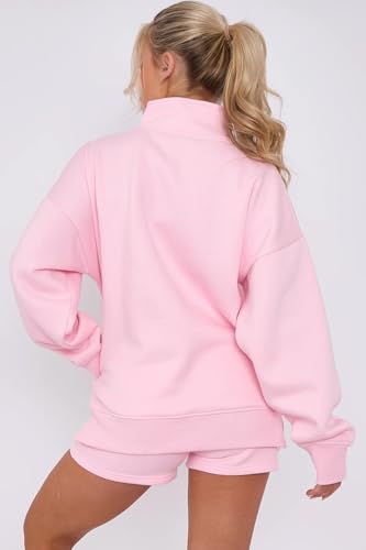 kraftd Women 2 Piece Outfits Sweatsuit Oversized Half Zip Collared Sweatshirt & Short Set Lounge Wear Tracksuit Sets Pink - Image 7