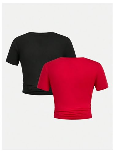 Girl's 2 Packs Graphic Tees Short Sleeve Crew Neck Crop Tops Slim Fit Summer Cute Tees2