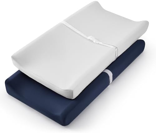 TILLYOU Changing Pad Cover Set in Soft Jersey Material - Fits 32"/34''x16 Contoured Pad for Babies, Navy Blue & Lt Gray
