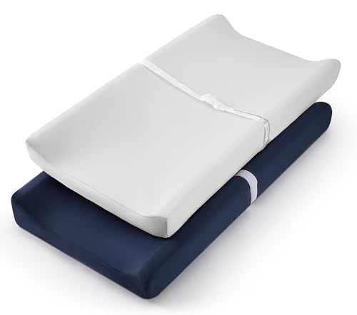 Image of TILLYOU Changing Pad Cover Set in Soft Jersey Material - Fits 32"/34''x16 Contoured Pad for Babies, Navy Blue & Lt Gray