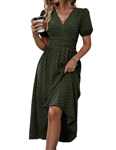 HUXRAKV Damen Sommerkleid Kurzarm V-Ausschnitt Vintage Elegant Midi Kleider A-Linie Blumenmuster Casual Wickelkleid 51-Armeegrün XL
