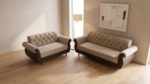 Image of RECTART Modern Tufted 5-Seater Sofa Set | Premium Upholstered Fabric Sofa | Living Room Furniture Set with Solid Wood Base | Beige