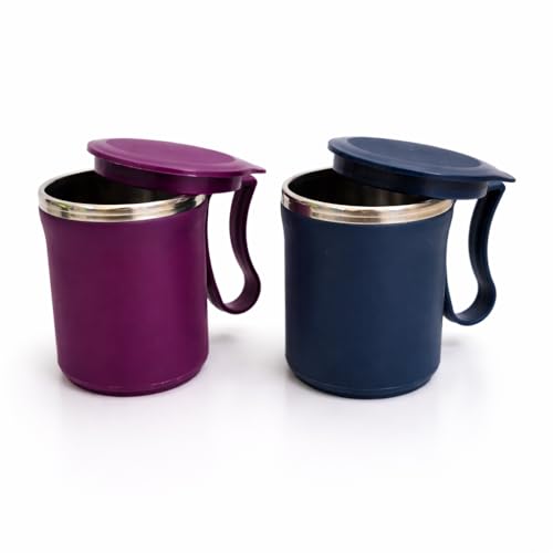 Image of Insulated Stainless Steel Coffee Mug with Lid, 300ml, Double Wall, Reusable Travel Mug for Home & Office (Purple - Navy Blue)