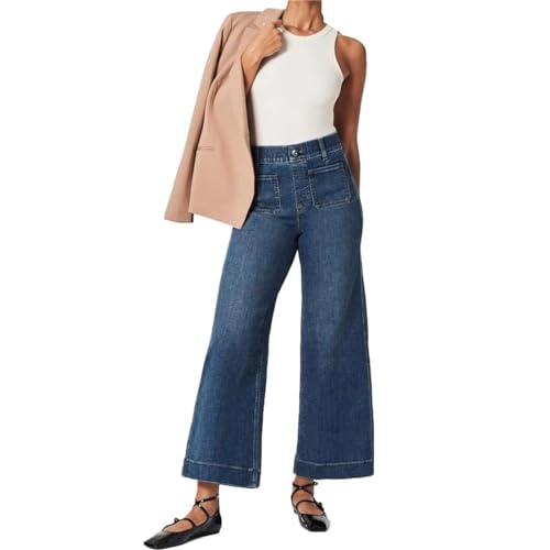 Tummy Control Cropped Wide Leg Jeans, Lovinpro Trendy High Waisted Wide Leg Jeans for Women with Patch (#Blue(Petite), L)