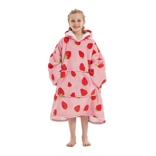FANXIYA Weiche Hoodie Decke zum Anziehen Kinder Übergroße Flanell Pullover mit Ärmeln Kapuze Doppelseitig Verdickter Kuscheldecke Lammvlies Kuschelpullover für Jungen, Mädchen, Jugendliche (Pink) Cover