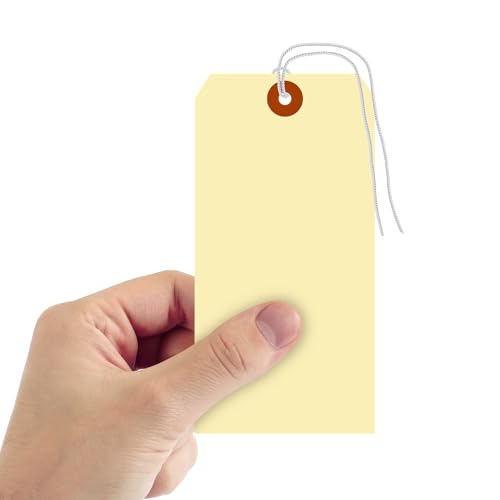 SmartSign Blank Manila Tags with String (Pre-Attached) - Pack of 1000, Size-8, 10pt Thick Cardstock Shipping Tags with 1/4\" Eyelet, 6.25\" x 3.125\" Paper Hang Tags with Reinforced Fiber Patch