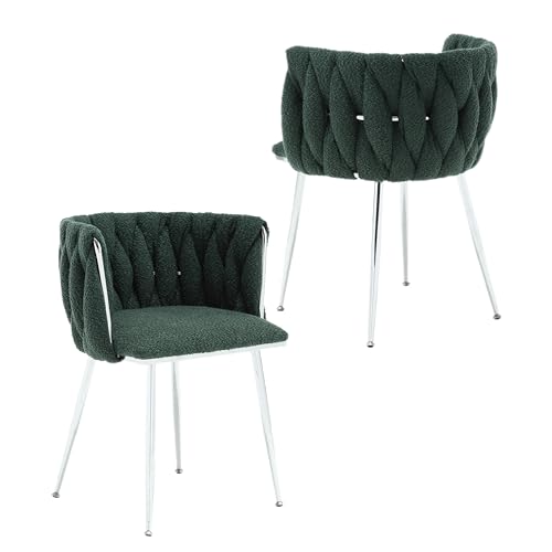 QQU Modern Dining Chairs Set of 2 Upholstered Velvet Kitchen Chairs Boucle Armchairs with Metal Legs for Dining Room, Living Room, Kitchen, Emerald