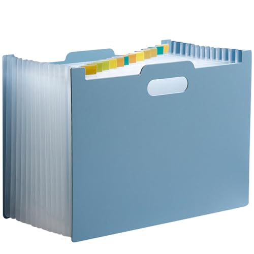 ファイルボックス ドキュメントスタンド A4 13ポケット ドキュメントファイル 大容量 伸縮 書類/ファイル 整理 収納 分類 収納ボックス 便利 横型 縦型 自立型 アコーディオン式 コンパクト 12仕切り カラーラベル付き (横型, ライトブルー)
