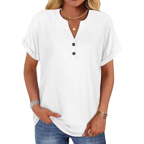rosemia Womens Short Sleeve Shirts V Neck Dressy Casual Blouses Summer Loose Fitting Henley Tops, Pure White, S