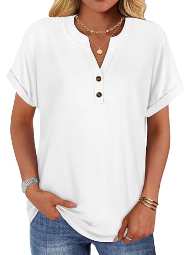 Damen Kurzarm T Shirt V Ausschnitt Sommer Top Basic Lässig Bluse mit Knopfleiste(Weiß,2XL)