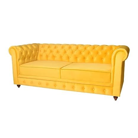 Image of Solid Wood Velvet Fabric L Shape Sofa Sofa for Living Room Button Tufted Sofa Chair for Home & Office (Left Aligned L-Shaped (3 Seater Yellow)