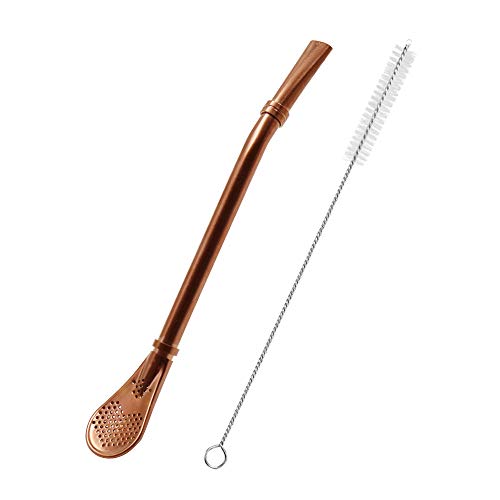 Yerba Mate Bombilla, Stainless Steel Drinking Straws with Filter Spoon, Reusable Strainer Stirrer for Coffee, Loose Leaf Tea, Soup, Beverage with Brush (1Pcs Rose Gold)