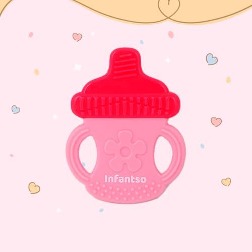 Image of Infantso Non-Toxic Food-Grade Soft Silicone Baby Teether, BPA-Free for Pain-Relief Easy Teething, for 2+ Months Babies (Pink Bottle)