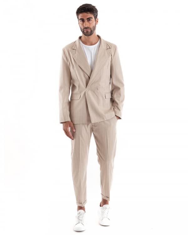 Abito gessato Abito Uomo Completo Outfit Giacca Pantalone Gessato Elegante Casual (Beige, 50)