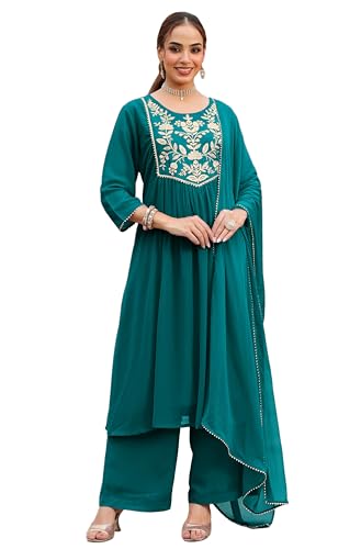 Image of Janasya Women's Georgette Embroidered A-line Kurta with Palazzo Dupatta Set