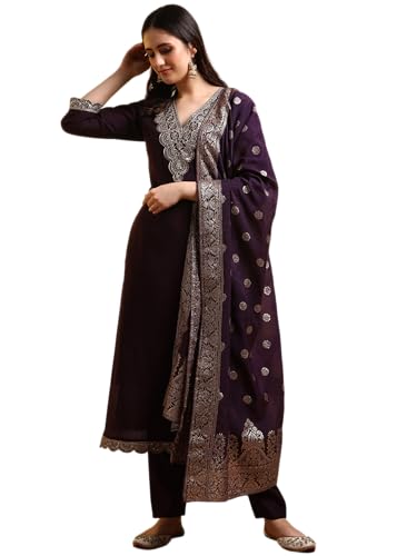 Image of New Ethnic 4 You Women's Embroidered Straight Kurta Set with Jacquard Dupatta