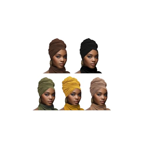 5PCS headwraps for black wome Stretch Jersey Turban Black Women African Hair Wraps Breathable Super soft and long (Black, brown, brown, green, yellow)